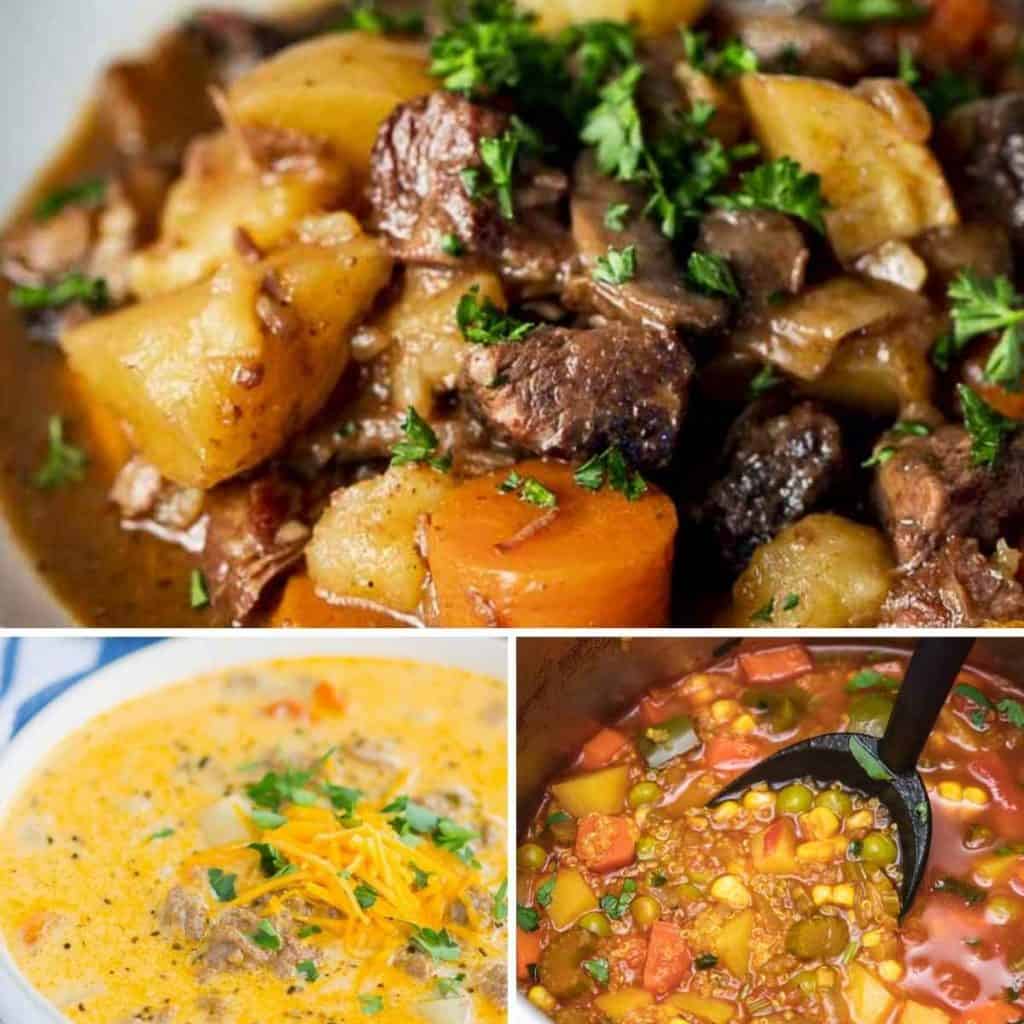 3 photos of different soups